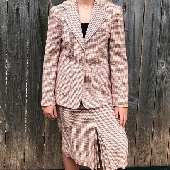 Vintage wool houndstooth pencil skirt &blazer jacket suit